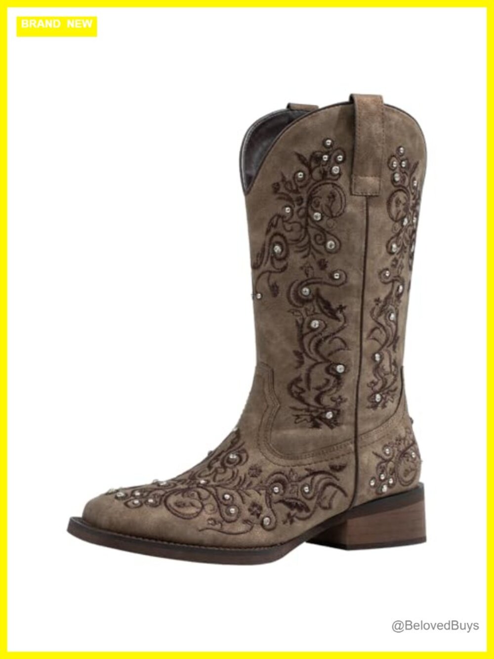 SheSole Women's Faux Leather Rhinestone Embroidered Mid-Calf Western Cowgirl